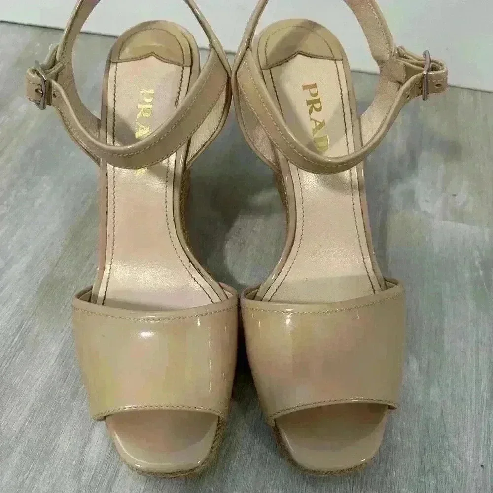 Prada Patent Leather Espadrille Wedge Sandals Beige Size 37 us 6.5